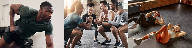 A collage of people performing various exercises, including weightlifting, squats, and floor workouts.