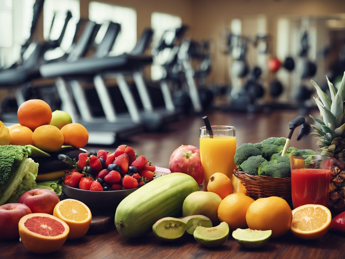 a table full of fruits and juice at a gym