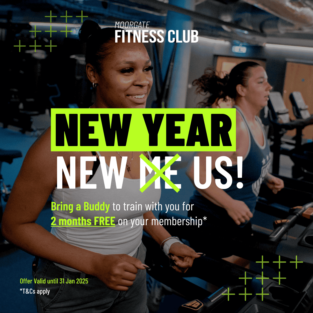 Promotional gym ad with two people exercising and "New Year New Us" offer text.